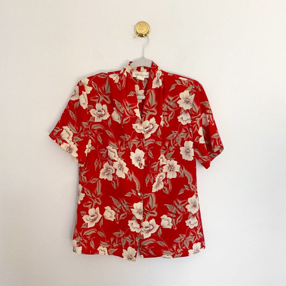 Vintage Red Floral Short Sleeve Blouse - Picture 5 of 7